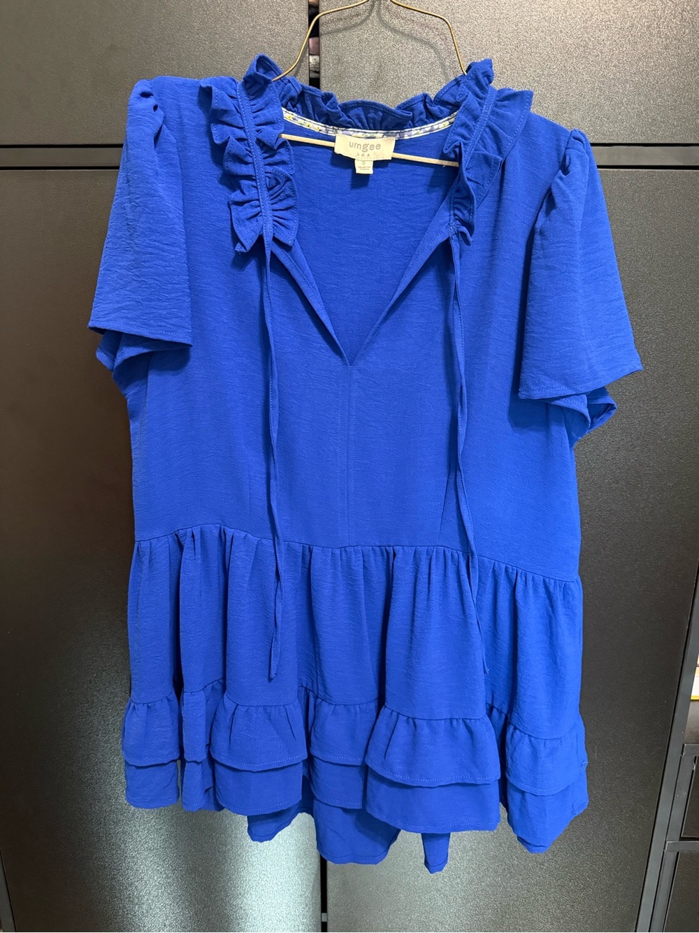 Umgee Cobalt Blue Ruffle Tie-Neck Peplum Blouse